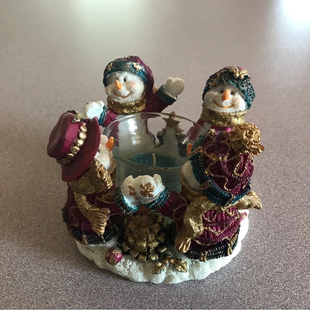 Cute Resin Green/Burgundy/Gold Snowman TeaLight Holder Approx 5” Tall X …
